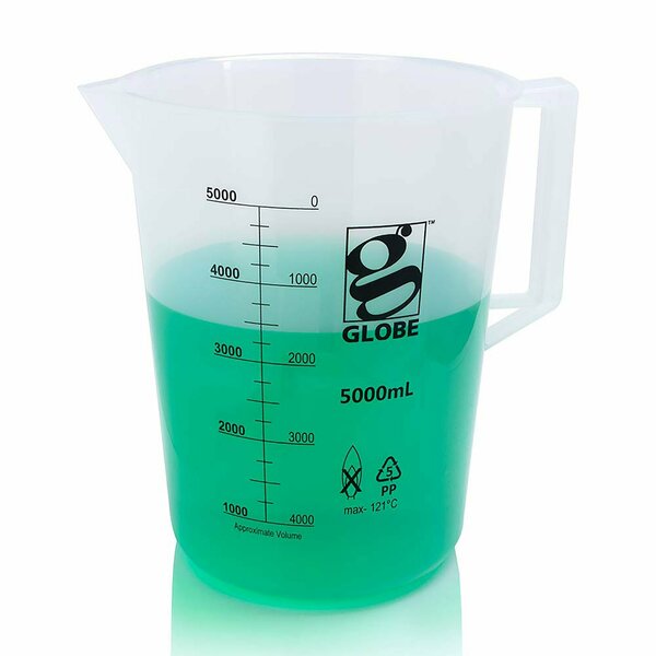 Globe Scientific 5000mL Beaker with Handle, Diamond Essentials, Low Form, Printed Graduations, PP 3654-5M